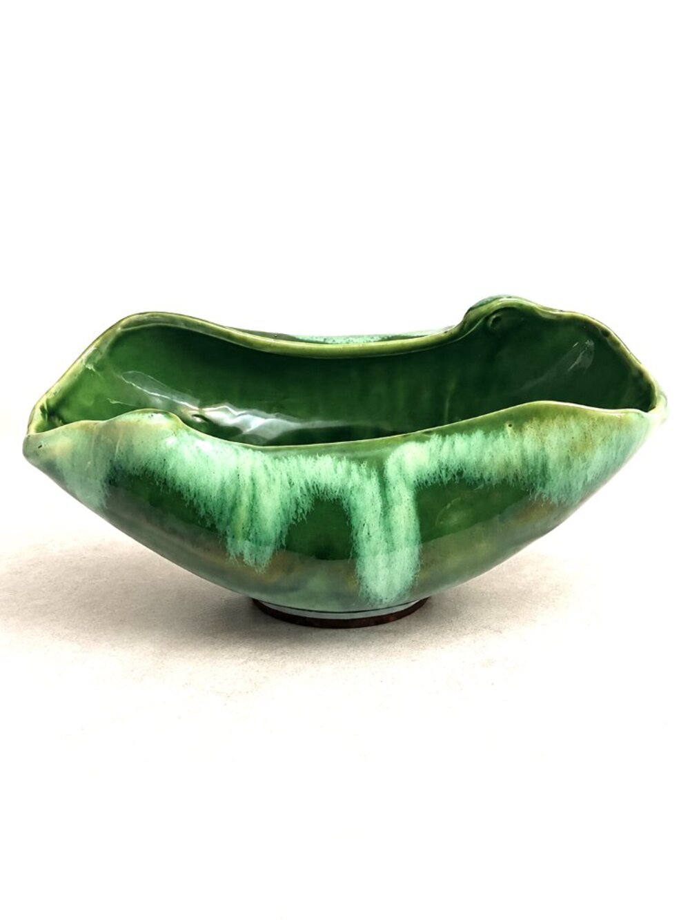Vintage Green Drip Glaze Freeform Ceramic Footed Bowl Planter MCM Pottery